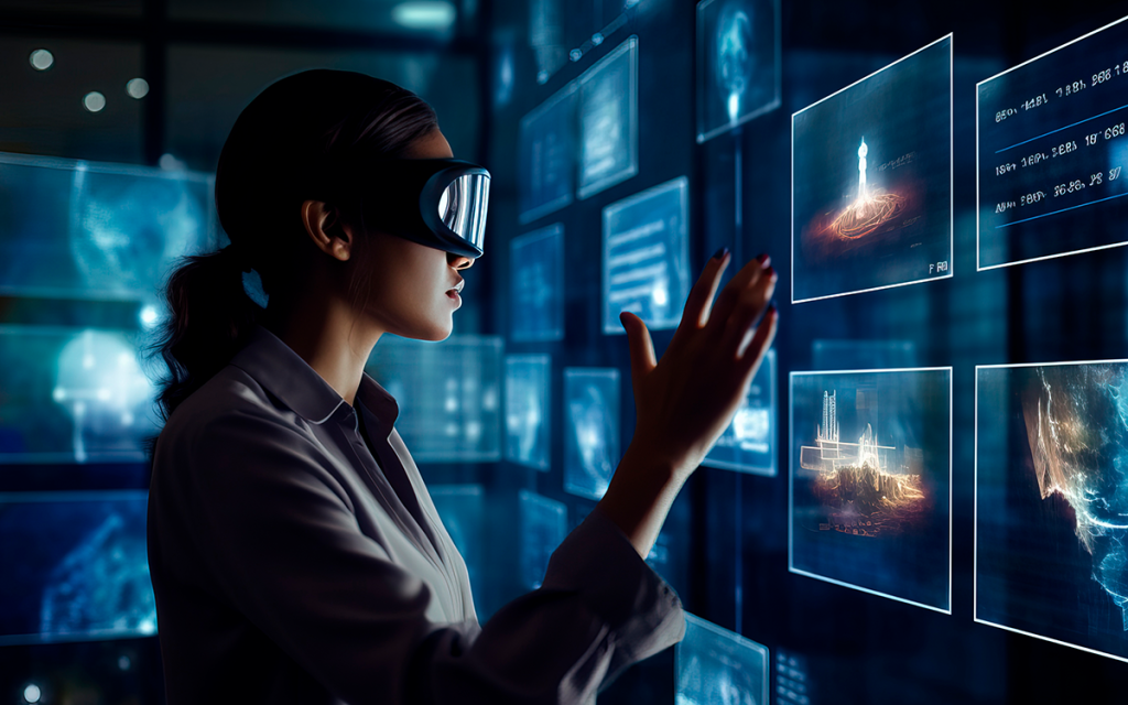 mulher em pé com óculos de realidade aumentada navegando entre janelas digitais