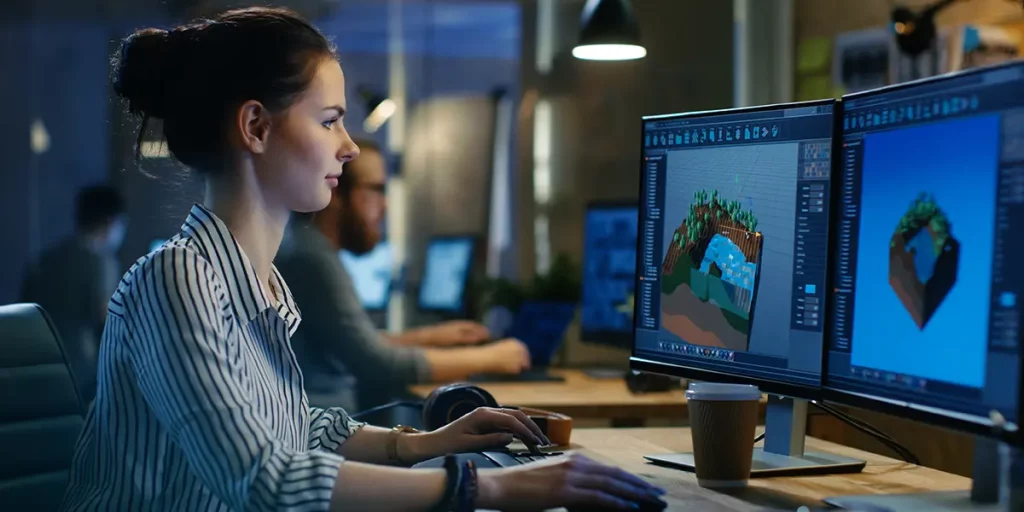 desenvolvedora de jogos trabalhando em projeto de video-game utilizando dois monitores com modelos e templates 3D