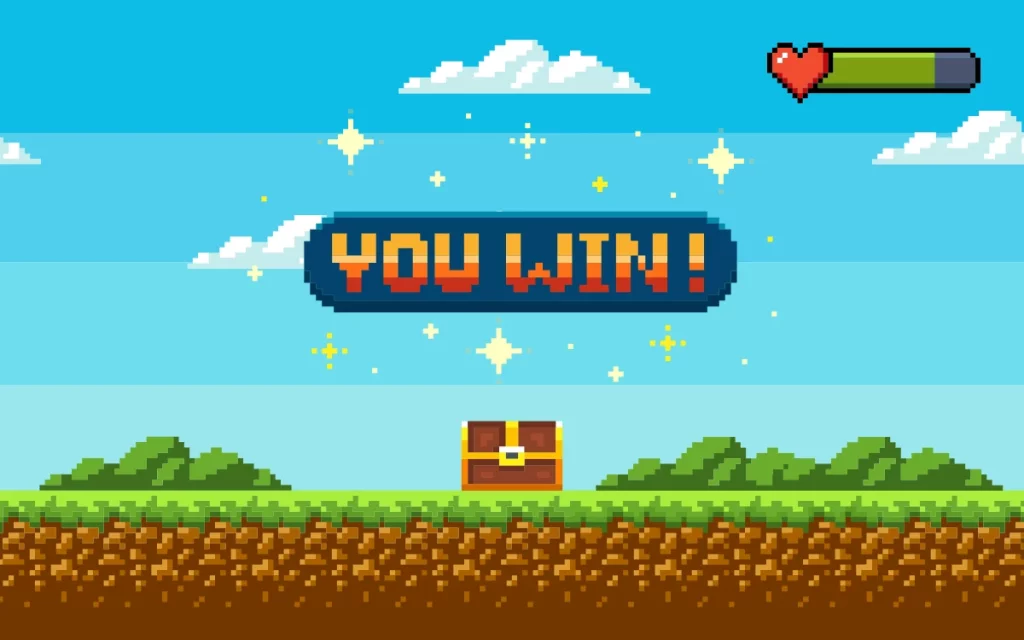 Tela de vitória pixelizada de um jogo clássico com o texto "YOU WIN!" e uma barra de vida cheia, simbolizando o aspecto de conquista e recompensas da gamificação.