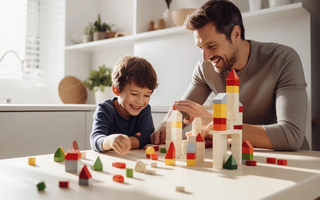 Pai e filho construindo estruturas com blocos de madeira coloridos na mesa da cozinha, compartilhando um momento de aprendizado e diversão através da gamificação.
