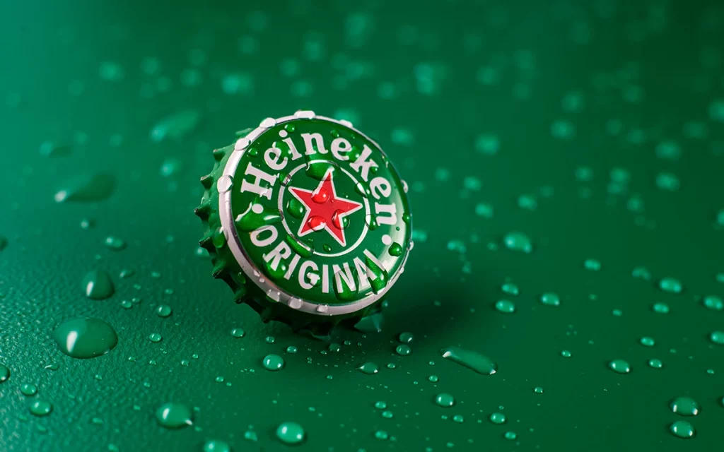 Tampinha de garrafa da Heineken com gotas de água sobre uma superfície verde, simbolizando momentos de lazer e descontração.