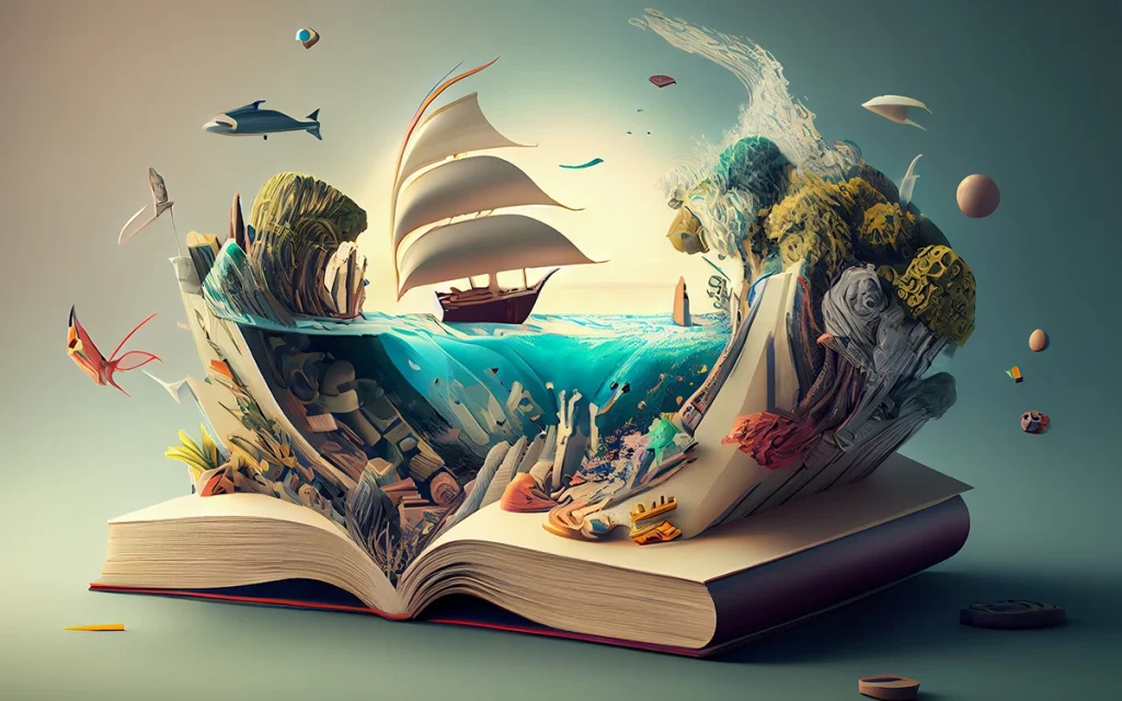 Livro aberto com elementos tridimensionais emergindo das páginas, incluindo o mar, barcos e fauna marinha, ilustrando como a leitura pode ser uma forma de gamificação ao trazer histórias à vida.
